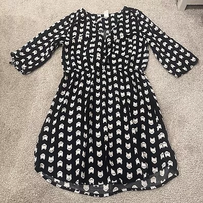 Mimi Chica Women’s Black White Cat Print Shirt Dress Tab Sleeve Rayon L • $8.50