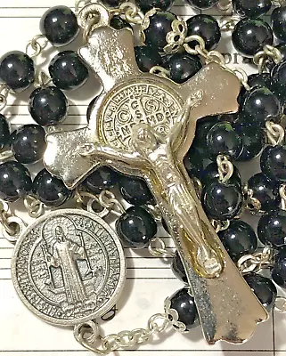 Vintage Rosary St. Benedict Black Glass Beads Silver-tone 18.5  36.0 Grams • $14