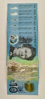 Australia $10 Legal Tender Poly Bank Notes X6  First Prefix AA17 Consec No. AUNC • $150