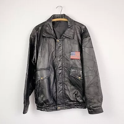 Vintage 90s God Bless America USA Patchwork Black Leather Motorcycle Jacket XL • $40