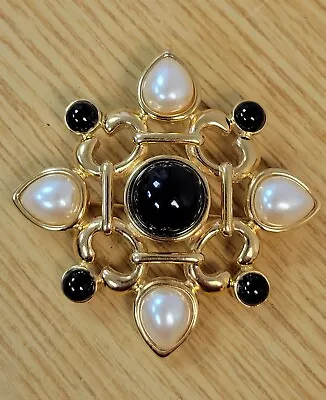 Vintage 1970s MONET Maltese Cross Brooch/Pin W/ Faux Pearls & Faux Onyx • $18.99