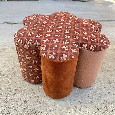 Vintage Orange MCM Padded Foot Stool Hand Made Round 6 Sided Floral Pattern • $40