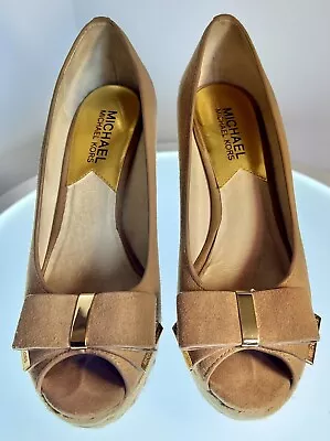 Michael Kors Sandals Size 6M Tan Suede Meg Bow Peep Toe Wedge Espadrilles • $35.99