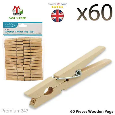 £3.69 • Buy 60 X Wooden Cloth Pegs Clips Washing Line Airer Rotary Garden Dry Laundry Garden