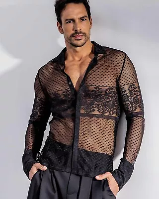 RRP £210 Orttu Mens Small Luiz Black Floral Lace Sheer Stretch Summer Shirt • £75