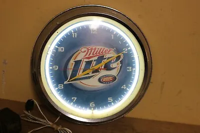 Vintage Miller Lite Beer Bar Tavern Metal Neon Lighted Clock Sign WORKS • $125