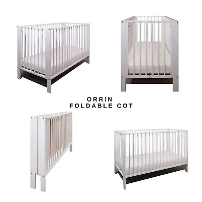 New Wooden Orrin Baby White Foldable Cot – Optional Fibre Mattress 120x60x10cm • £185