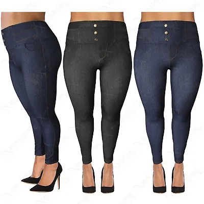New Plus Size Ladies High Waisted Button Leggings Women Jeggings Denim Jean Look • £6.99