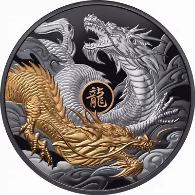 Niue 2024 YEAR DRAGON Dueling $10 5 Oz Silver Gilded BLACK PROOF—MINTAGE 888 • $608.88