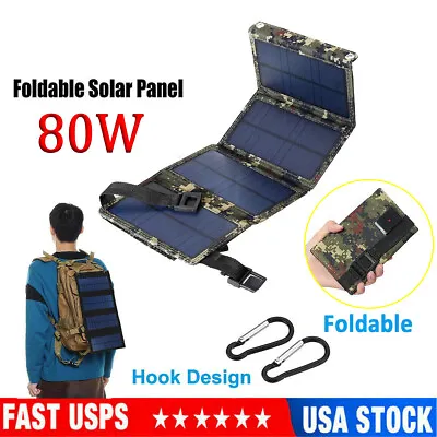$19.99 • Buy 80W Solar Panel Kit Folding Power Bank Outdoor Hiking Camping Phone Charger USB