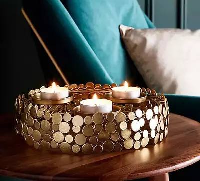 Gold Grecian Rustic Disc Triple Candle Tealight Holder Centrepiece - RRP £60 • £34.99