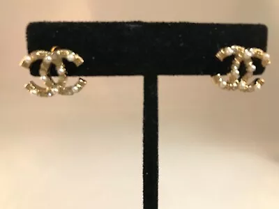 CHANEL Stud Earrings Logo Large Stud Pearl & Crystal In Gold Tone Earring  • $249.99