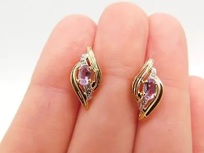 Vintage 14k Solid Yellow Gold Amethyst Diamond Stone Earrings • $222