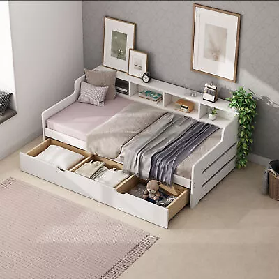 Modern Twin Size Wooden Day Bed Sofa Bed Frame +3Drawers For Small Bedroom White • $441.99