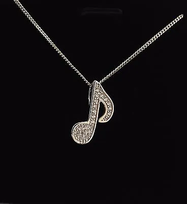 925 Sterling Silver Note Music Necklace Clear Cubic Zirconia Present Gift Boxed  • £12.99