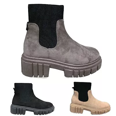 £19.99 • Buy Womens Ladies Flat Chunky Platform Sole Chelsea Slip On Sock Ankle Boots Shoes
