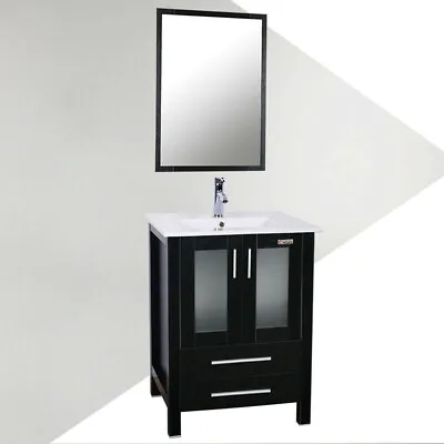 24  Bathroom Vanity Cabinet Mirror W/Overflow Drop In Ceramic Vessel Sink Black • $149.99