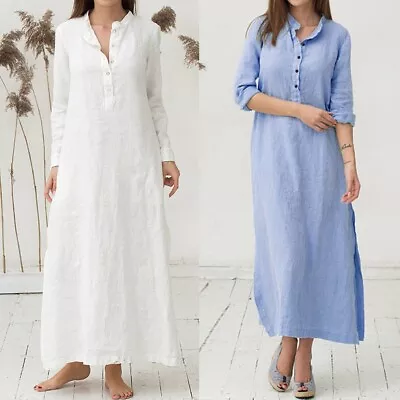 Women's Kaftan Cotton Long Sleeve Plain Casaul Oversized Maxi Long Shirt Dress • $32.71