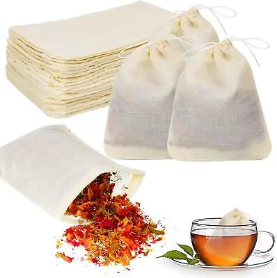 Cotton Muslin Tea Bags 30 Pcs Reusable Drawstring Filter Coffee Cooking Soaking • £6.89