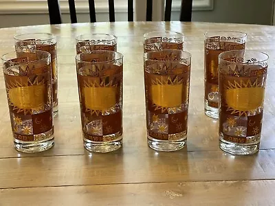 VINTAGE Atomic Starburst Celestial 22 Kt Gold Water Tumblers Glasses SET Of 8 • $52.50