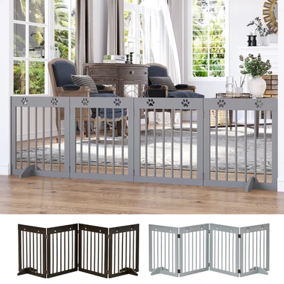 £62.99 • Buy Freestanding Pet Gate 4 Panel Folding Wooden Dog Barrier  W/ Support Feet
