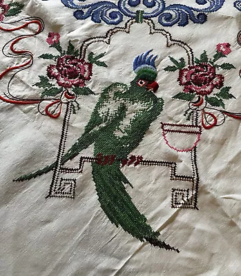 Vintage Hand Embroidered Cross Stitch Tablecloth  Birds Roses + 12 Napkins Rare • $649.95