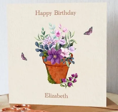 £3.95 • Buy Beautiful Birthday Card For Her. Personalised. Flower Pot And Butterflies. ……