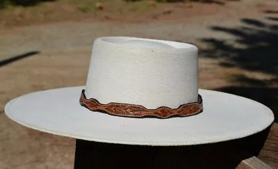 5/8  Floral Tooled Scalloped Antiqued Russet Leather Hatband With Silver Buckle • $27