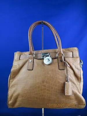 Michael Kors Croc Embossed Leather Handbag Shoulderbag Purse Tan Hamilton • $45