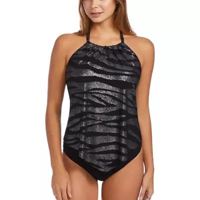 Miraclesuit Magicsuit Shine On Nicole Black Silver Tankini Top Size 8 • $69