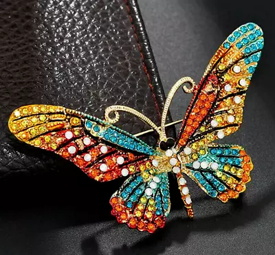 Big Beautiful MONARCH Colorful BUTTERFLY Wings Sparkle Rhinestone Brooch 3.5   • $11.99