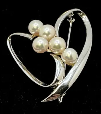 Vintage Mikimoto Sterling Silver & (5) Akoya Pearl 6mm Ribbon Bow Brooch Pin 925 • $144.50