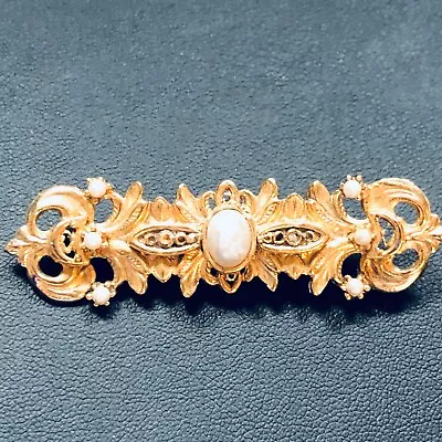 Art Nouveau GORGEOUS Estate Faux Pearl Goldtone Victorian Bar Vintage Brooch Pin • $0.99