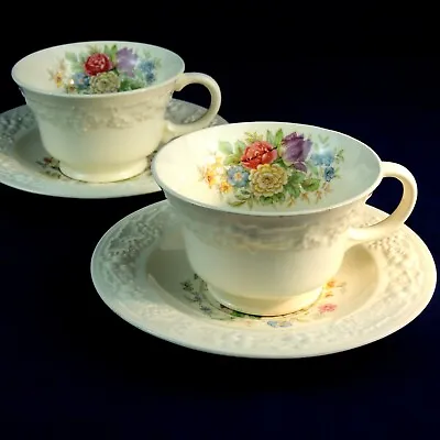 Vintage Homer Laughlin Theme 2 Cups 2 Saucers Eggshell Embossed Floral 1944 USA • $9.94