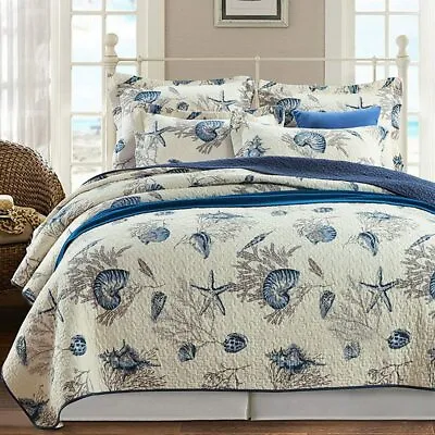 Coastal Ocean Nautical Beach House  Sea Shell Navy Blue Ivory White Quilt Set • £131.44