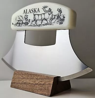 Fuax Bone Vtg Sharp Ulu Alaskan Knife Moose Elk Mountains Scrimshaw Wooden Stand • $29.99