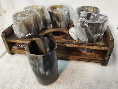 6 Medieval Viking Ale Beer Wine Drinking  Whiskey Ox Horn Shot Glasses Caddy • $45