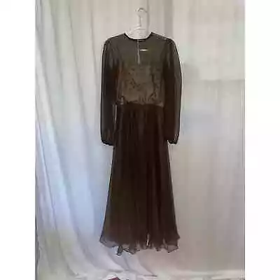 Vintage Miss Elliette Brown Chiffon Lace Formal Maxi Party Dress Size 12 1970s  • $50