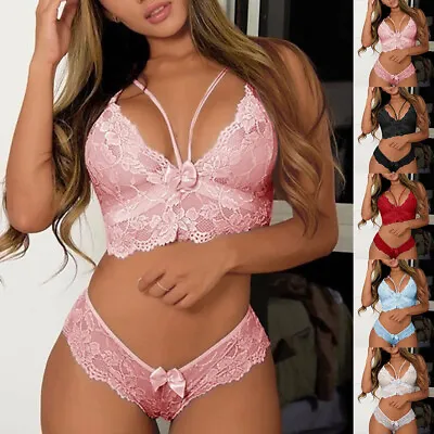 Womens Lingerie Lace Top Bra Ladies Sexy Thong Underwear Set Nightwear Sleepwear • £7.89