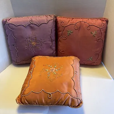 Three 11” X 11” Satin Throw Pillows Embroidered. Pink Orange & Purple. Vintage? • $25