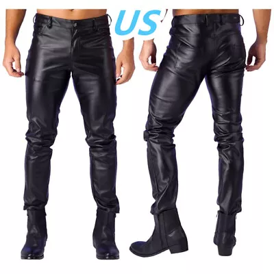 US Mens PU Leather Skinny Pants Motorcycle Biker Stretch Pants Trousers Clubwear • $24.99