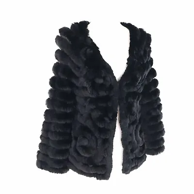 BCBGMaxAzria Womens Medium Rabbit Fur Cardigan Sweater Black Bell Sleeve • $70