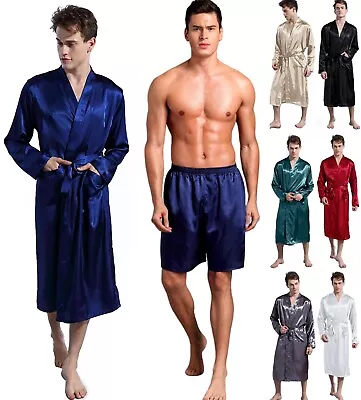 US Men Satin Pajamas Kimono Bathrobe Robe Dressing Gown Pjs Loungewear Shorts • $9.99