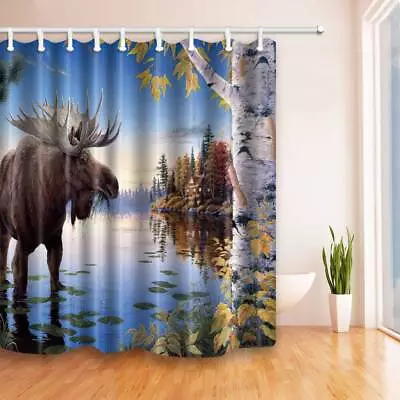 Nature Tree Elk Extra Long Fabric Shower Curtain Waterproof Decor Retro Blue • $17.99