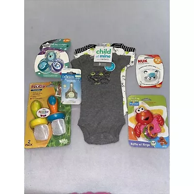 Baby Boy Lot Of 6 Bodysuit Nipples Pacifier Nibbler Feeder Rattle Sz NB • $12.90