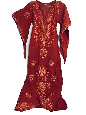 Vintage Kaftan 60’s Tunic Embroidered Orange Renaissance Maxi Dress M Gauze Long • $464.99