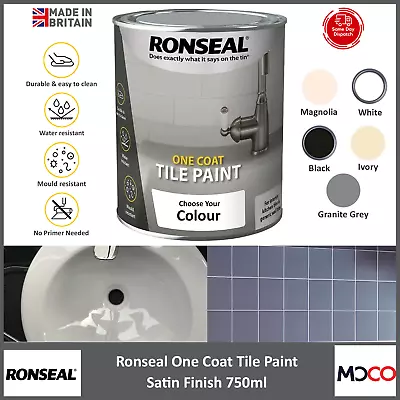 Ronseal One Coat Tile Paint Ceramic For Interior Kitchen Bathroom Satin 750ml • £23.60