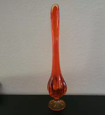 Mcm Viking Swung Glass Vase Footed 6 Petal Orange Amberina 13  • $45