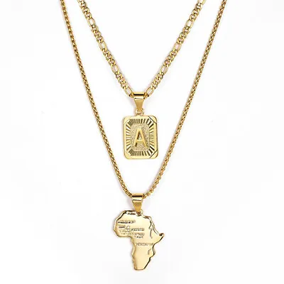 Africa Map Pendant Initial Letter Necklace Gold Plated Jewerly Set Women Men • $14.99