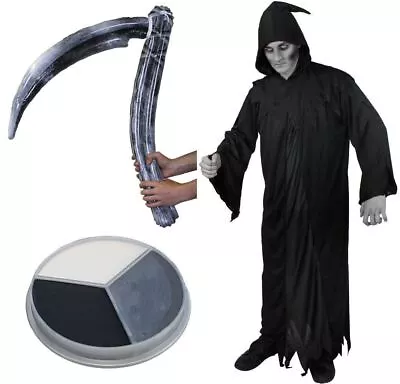 Adult Grim Reaper Costume Scythe And Face Paint Death Mens Halloween Fancy Dress • £19.89